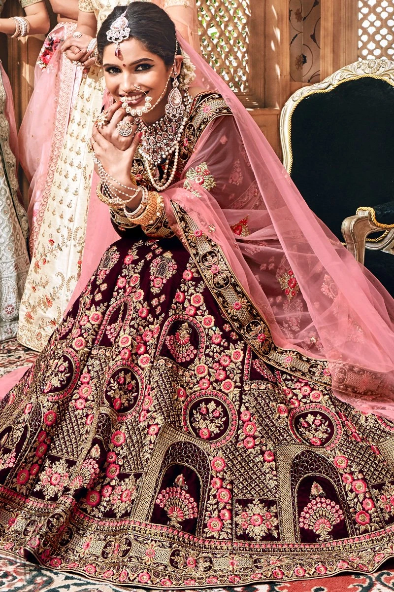 maroon embroidered velvet indian bridal dress
