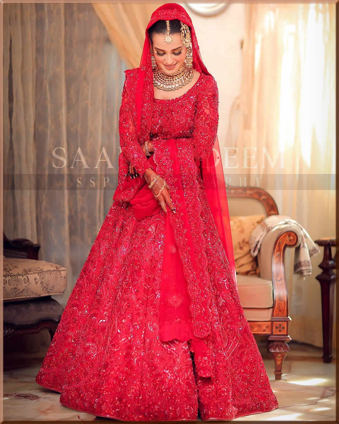 Red monochrome lehenga