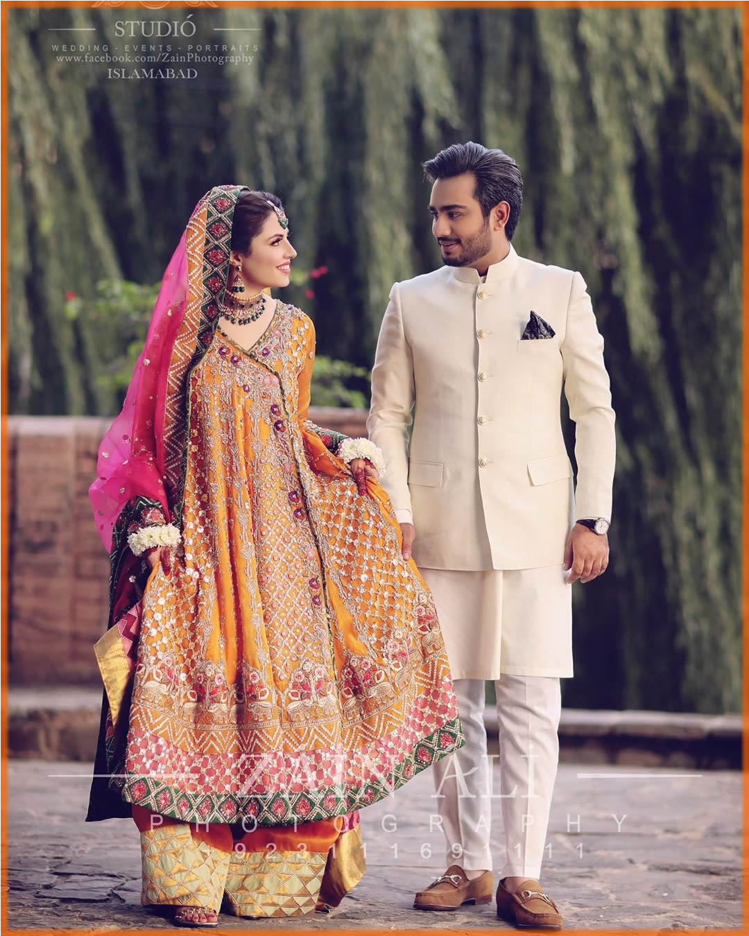 Anarkali orange mehndi dress for bride