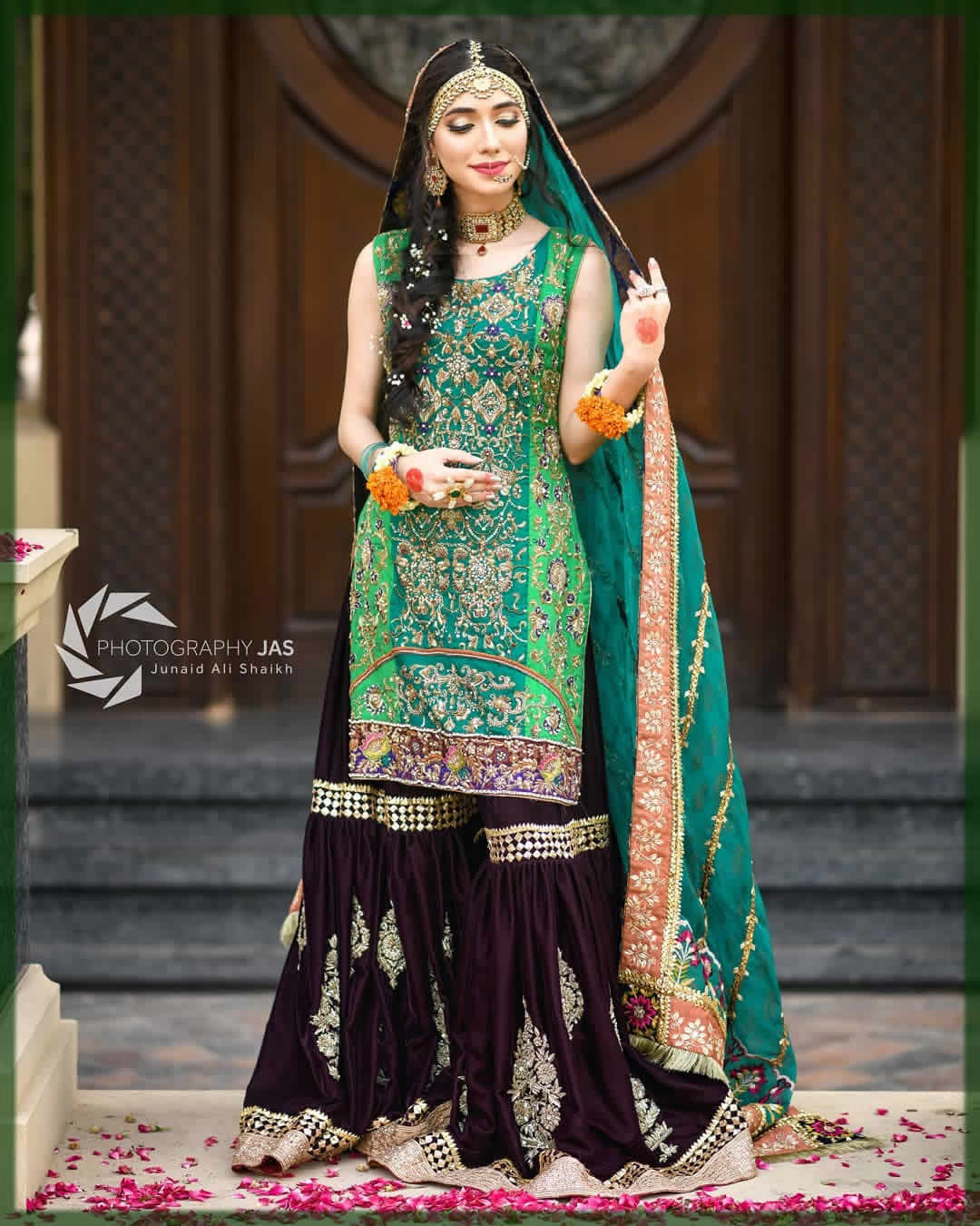 green and plum sharara bridal mehndi dresses