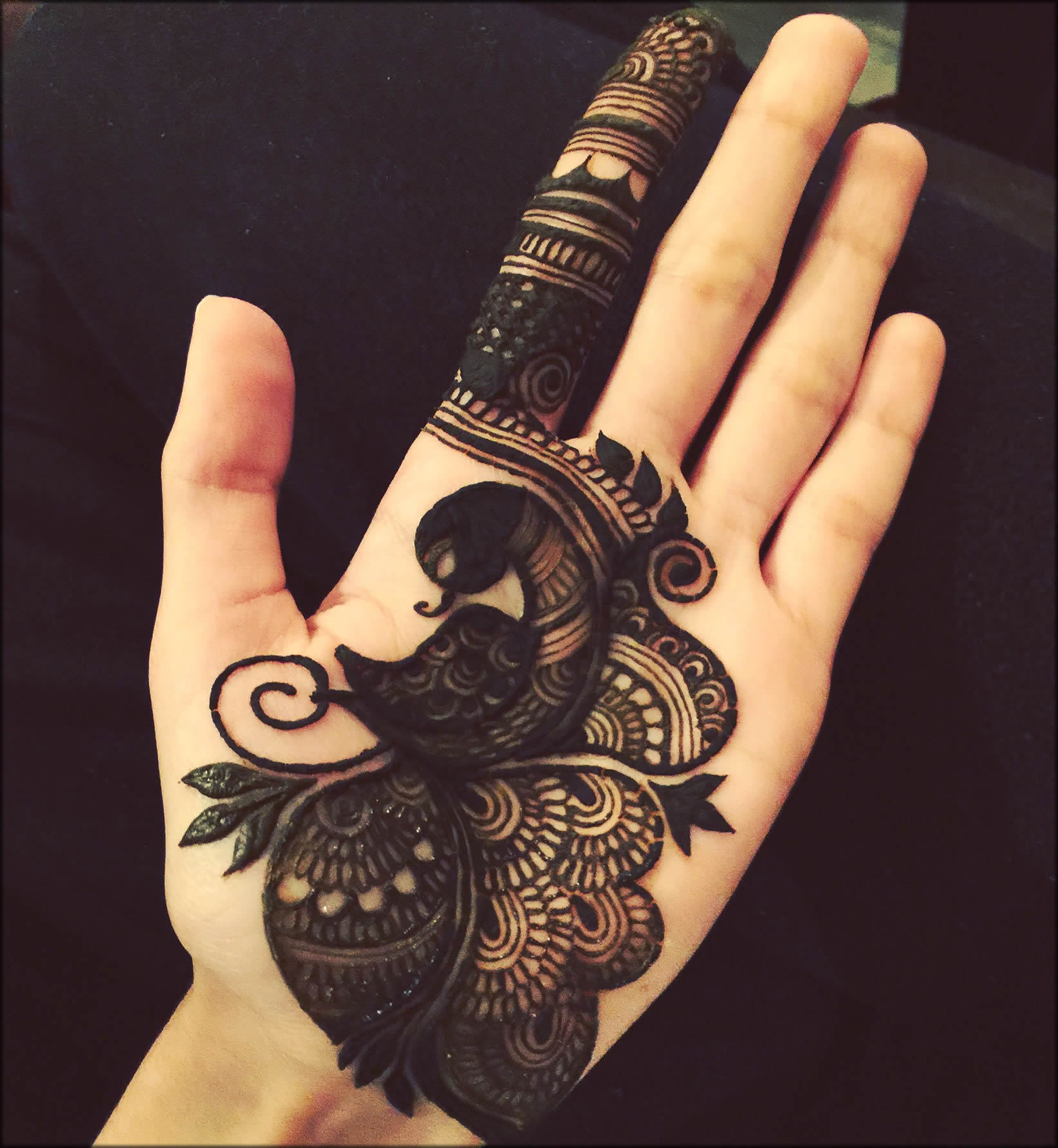 Black Colour Central Palm Peacock Design