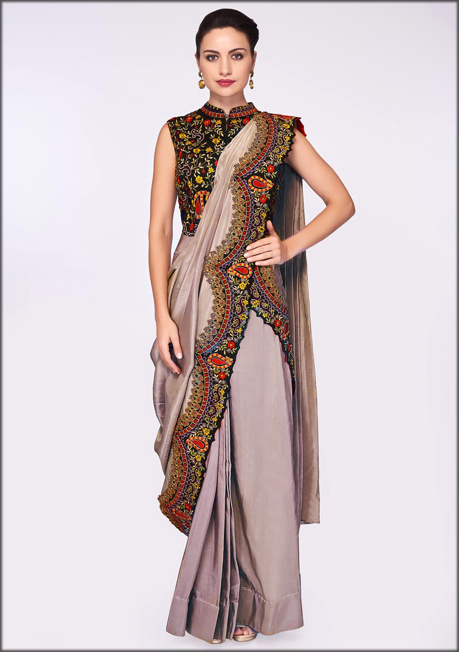 Long Length Women Blouses Collection With Grey Silk Saree