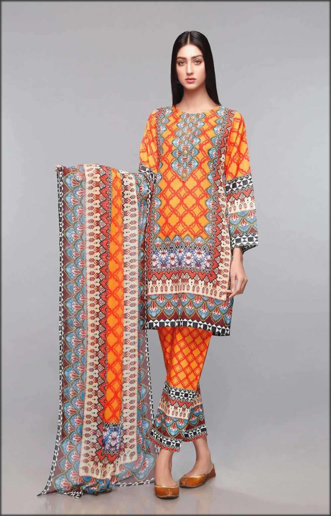 Orange Tribal Lawn Three Piece Suit