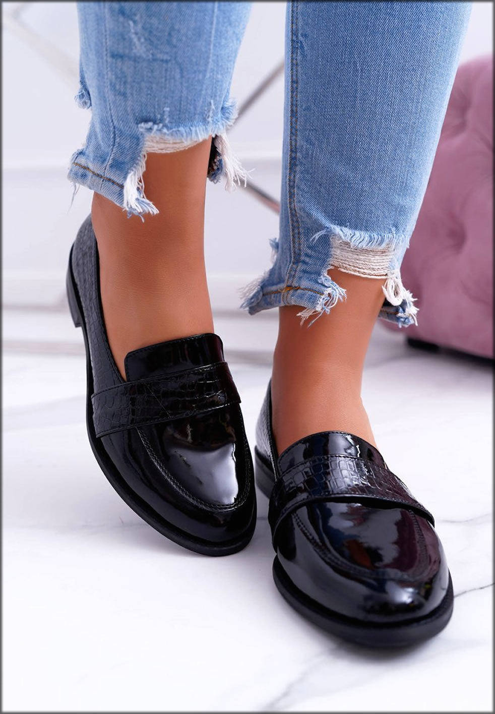 Women's Leather Slip On Black Brogues Shoes