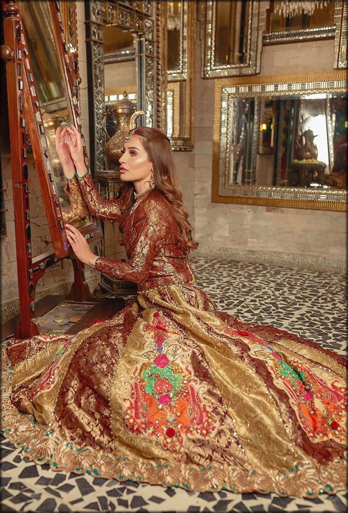 Brown And Golden Jamawar Zahra Ahmad Bridal Collection