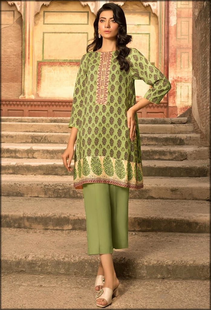 Green Single Shirt With Linen Print