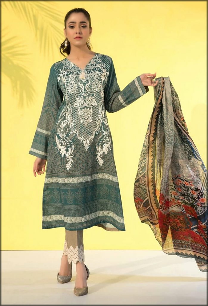Three Piece Print Embroidery With Silk Dupatta