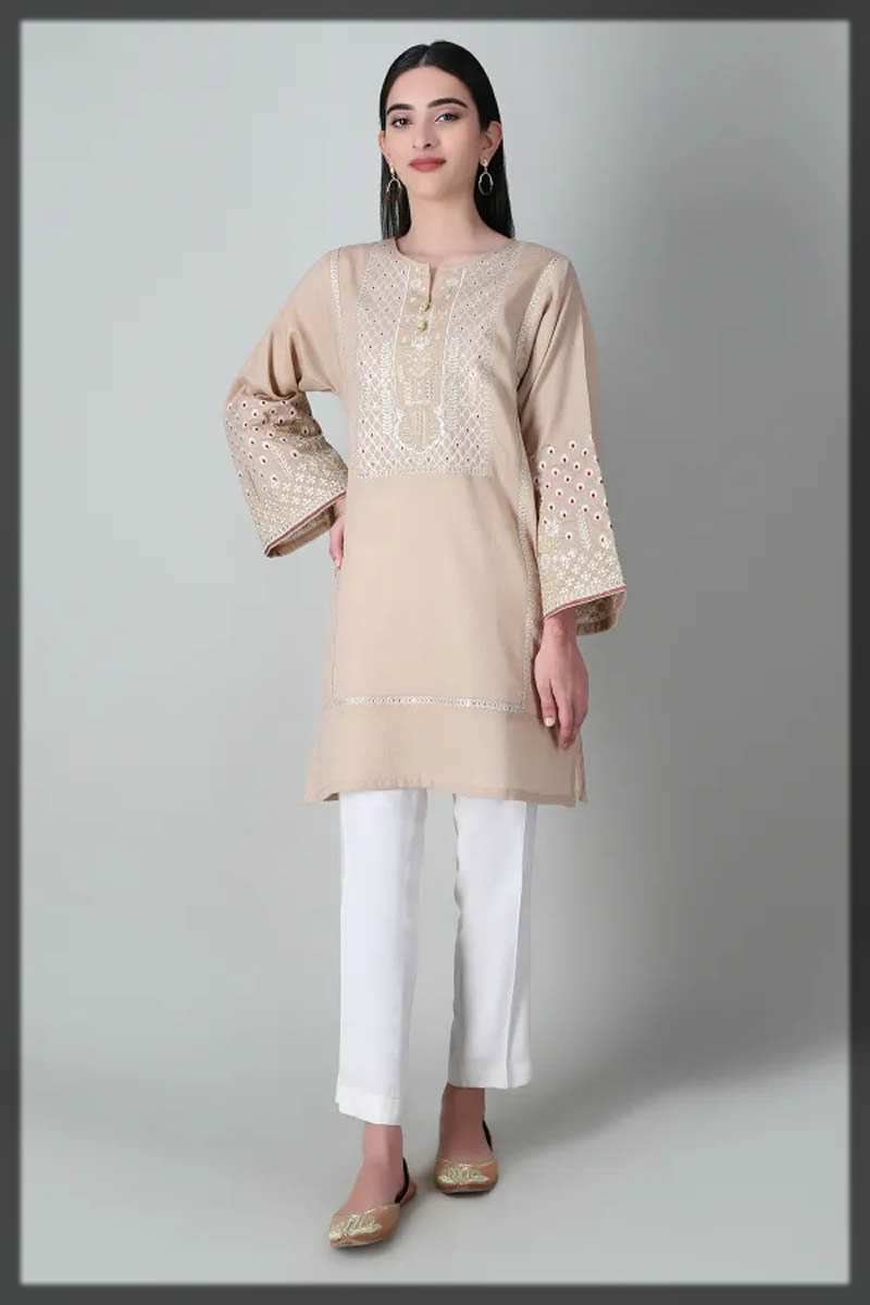 beige embroidered kurta for women
