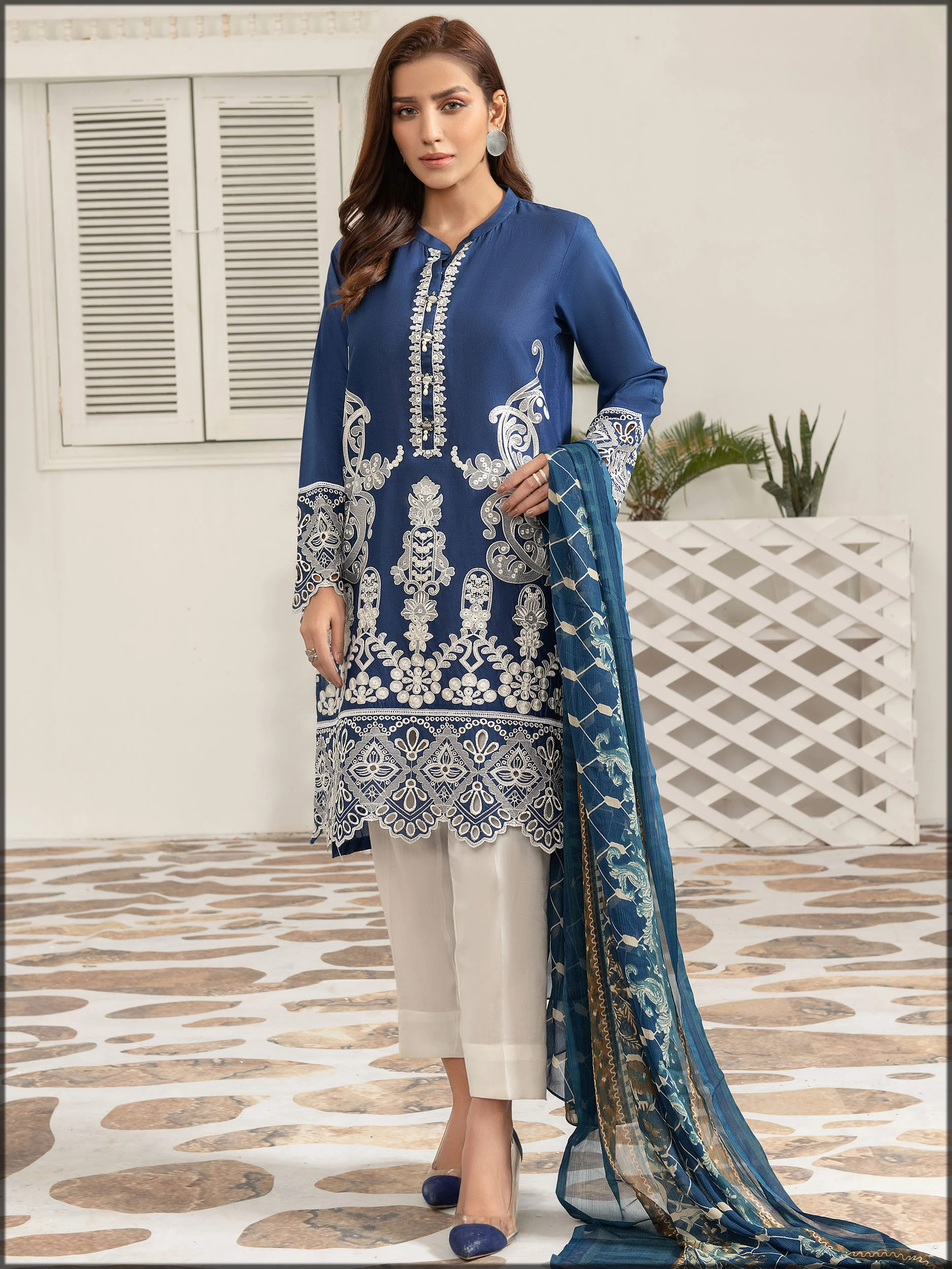 blue embroidered lawn suit