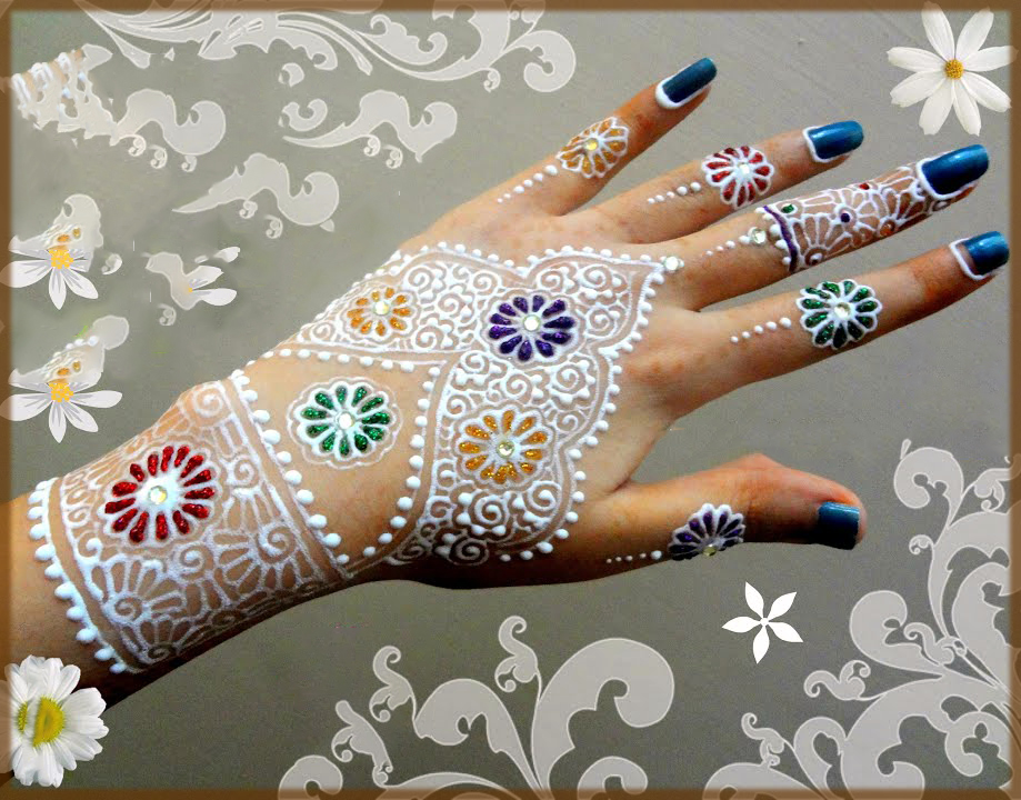 white mehndi designs with glitters