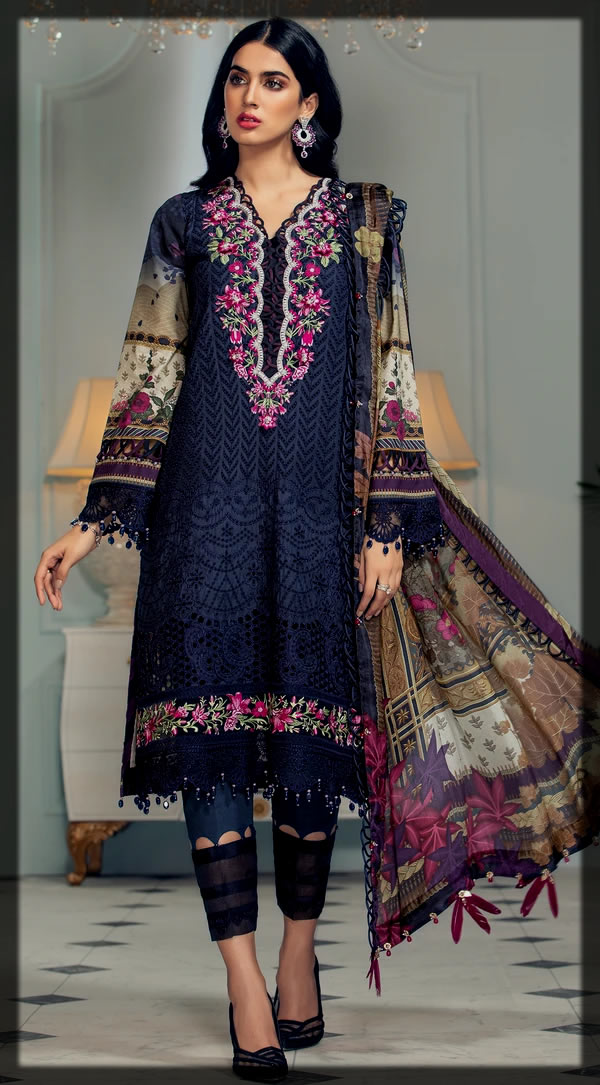 lawn embroidered suit with printed silk dupatta by anaya