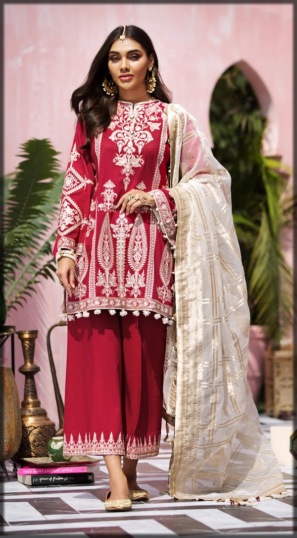 maroon luxurious embroidered lawn suit