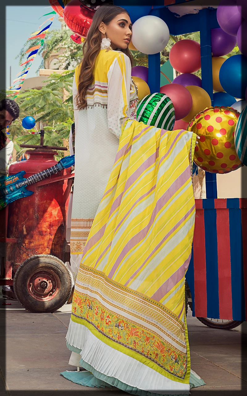 yellow and white summer lawn suit for women