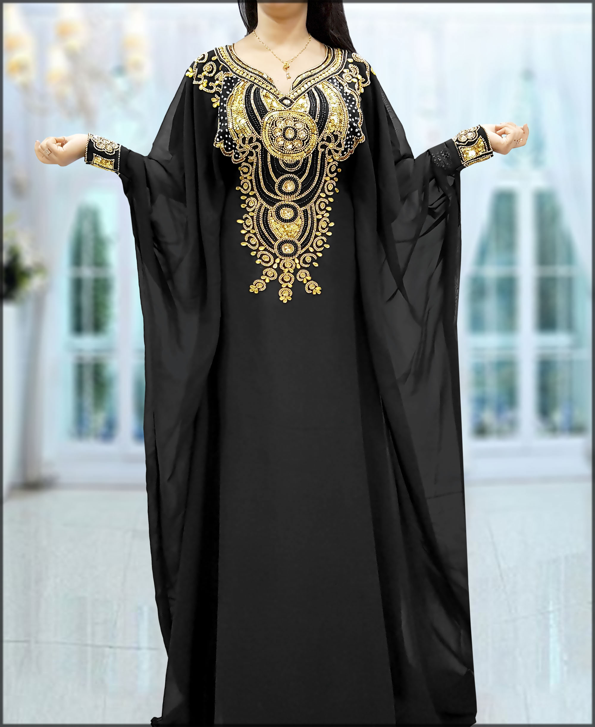 Black kaaftan style abaya with golden embroidery