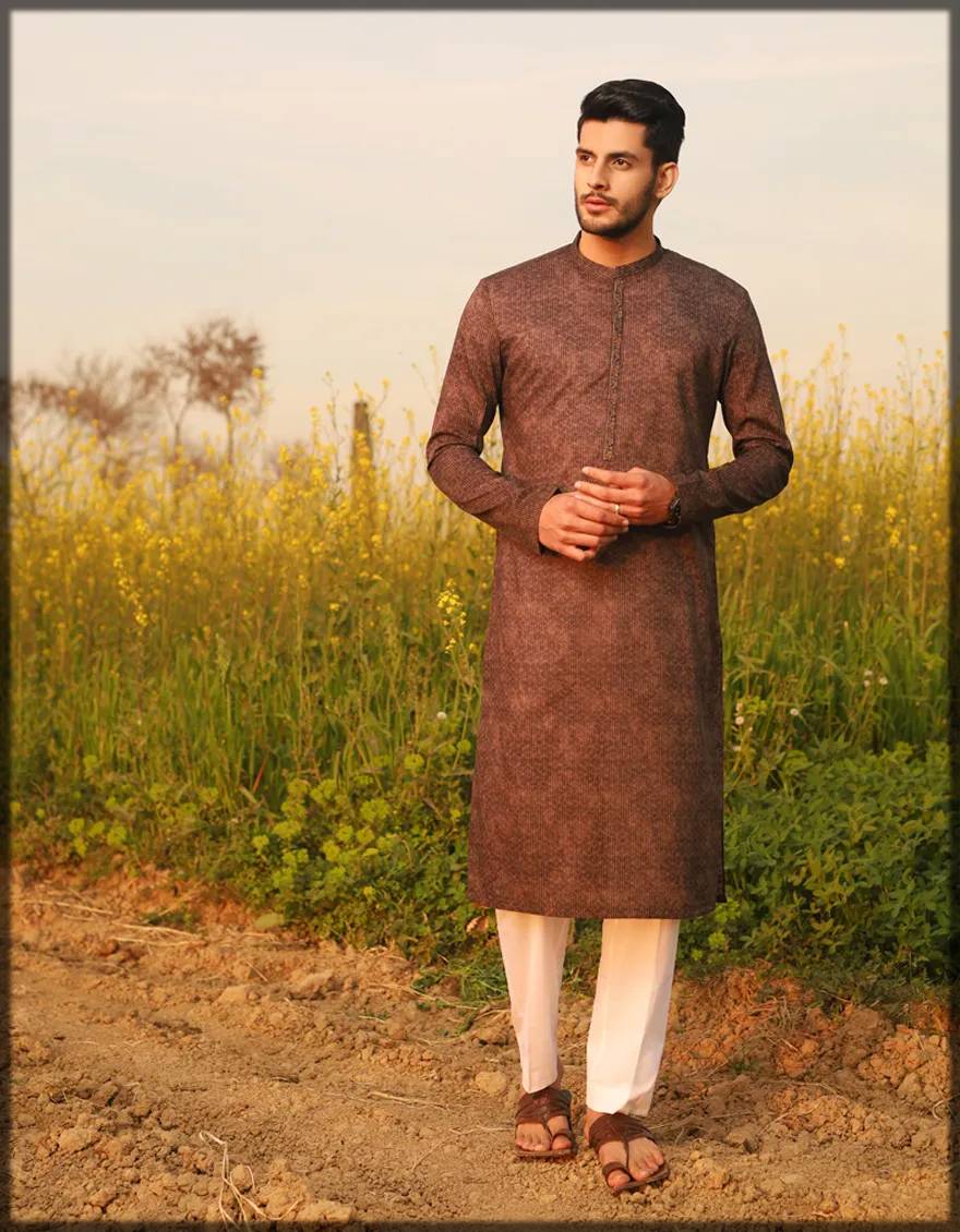 Brown self-printed lawn kurta