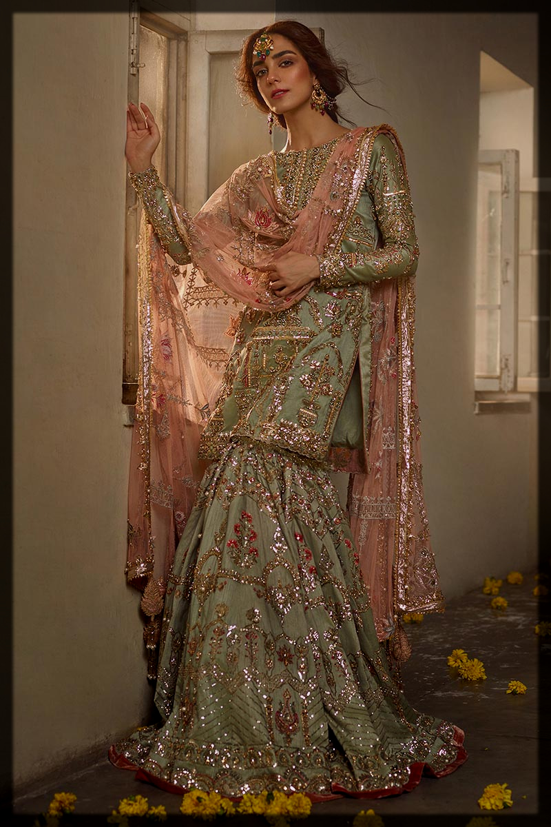 Green Raw Silk Mohsin Naveed Ranjha Bridal dress