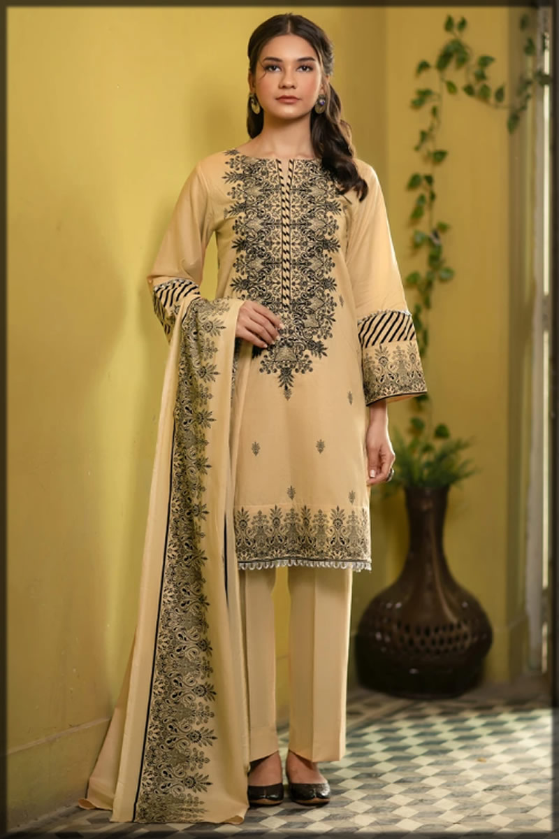 beige embroidered lawn dress