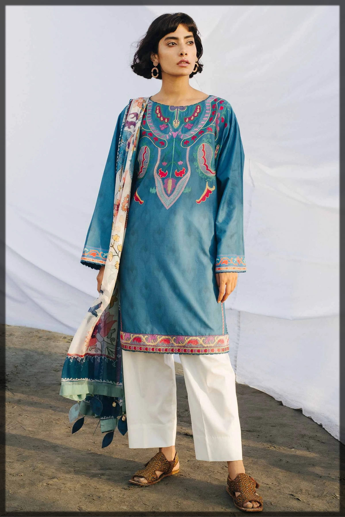 blue embroidered coco lawn suit