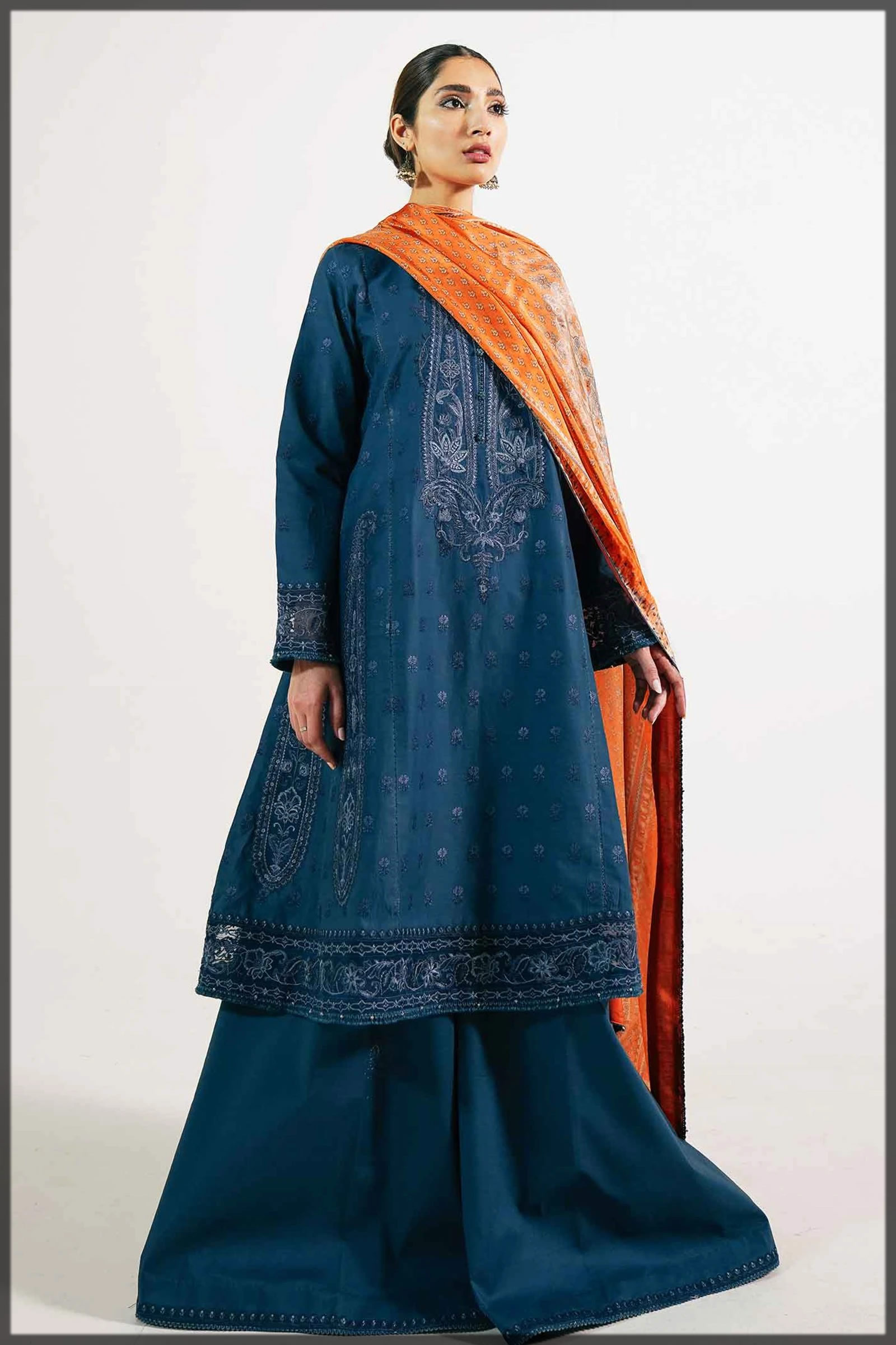 dark blue embroidered lawn suit