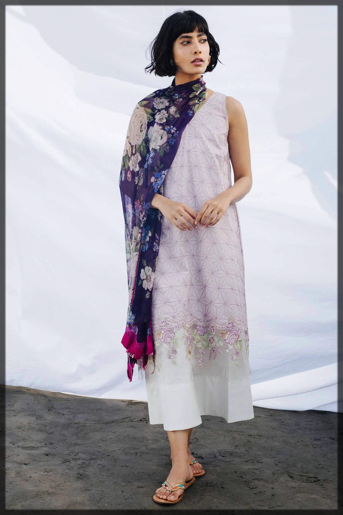 dull lilac embroidered lawn suit