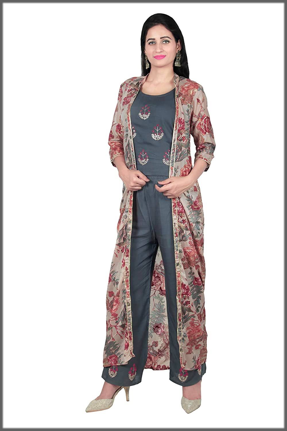 Hardika Rayon Anarkali Dress Long Flared Kurti With Dectachable Jacket and  With Gold Print