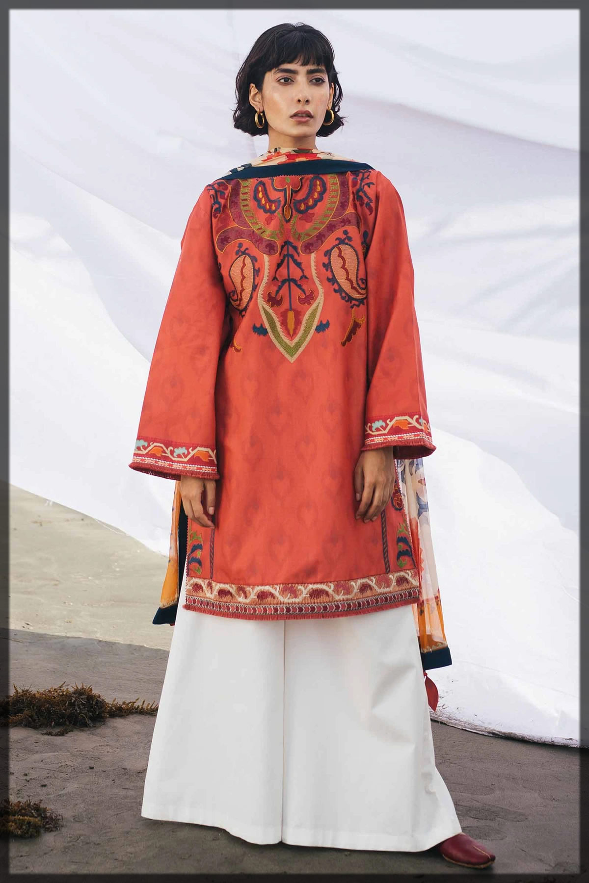 orange embroidered lawn suit