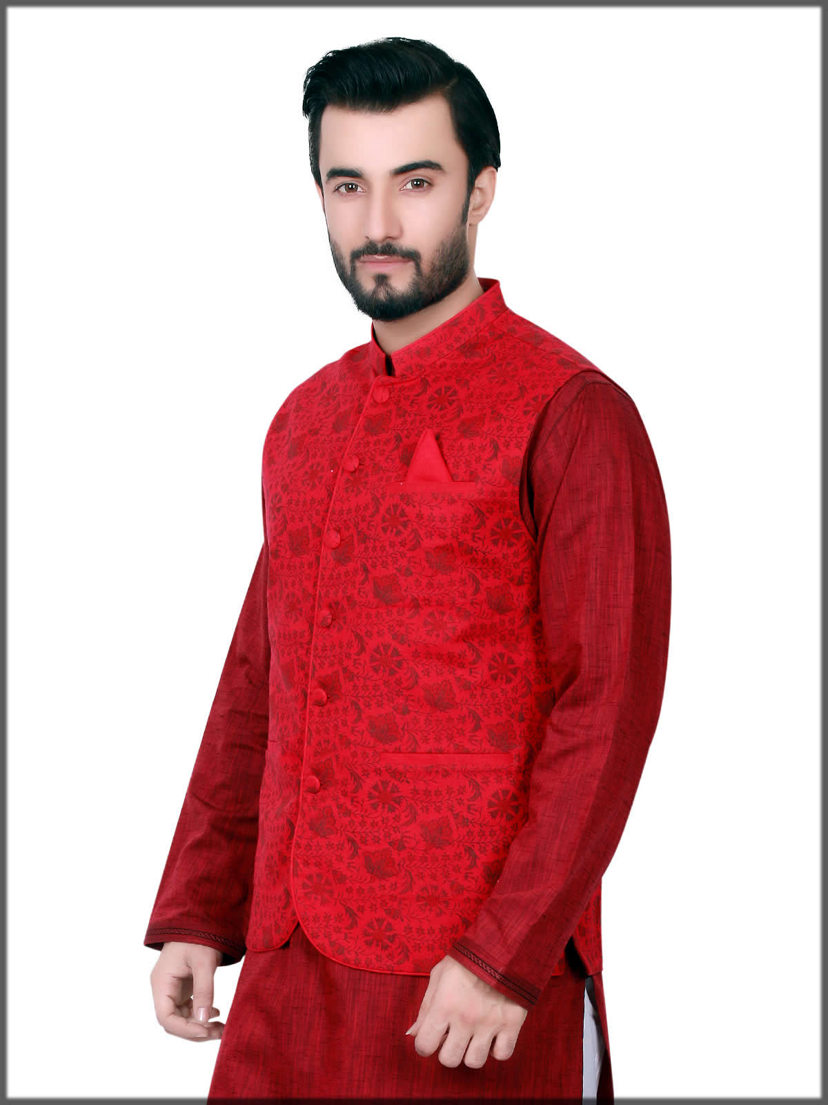 red printed waistcoat for men