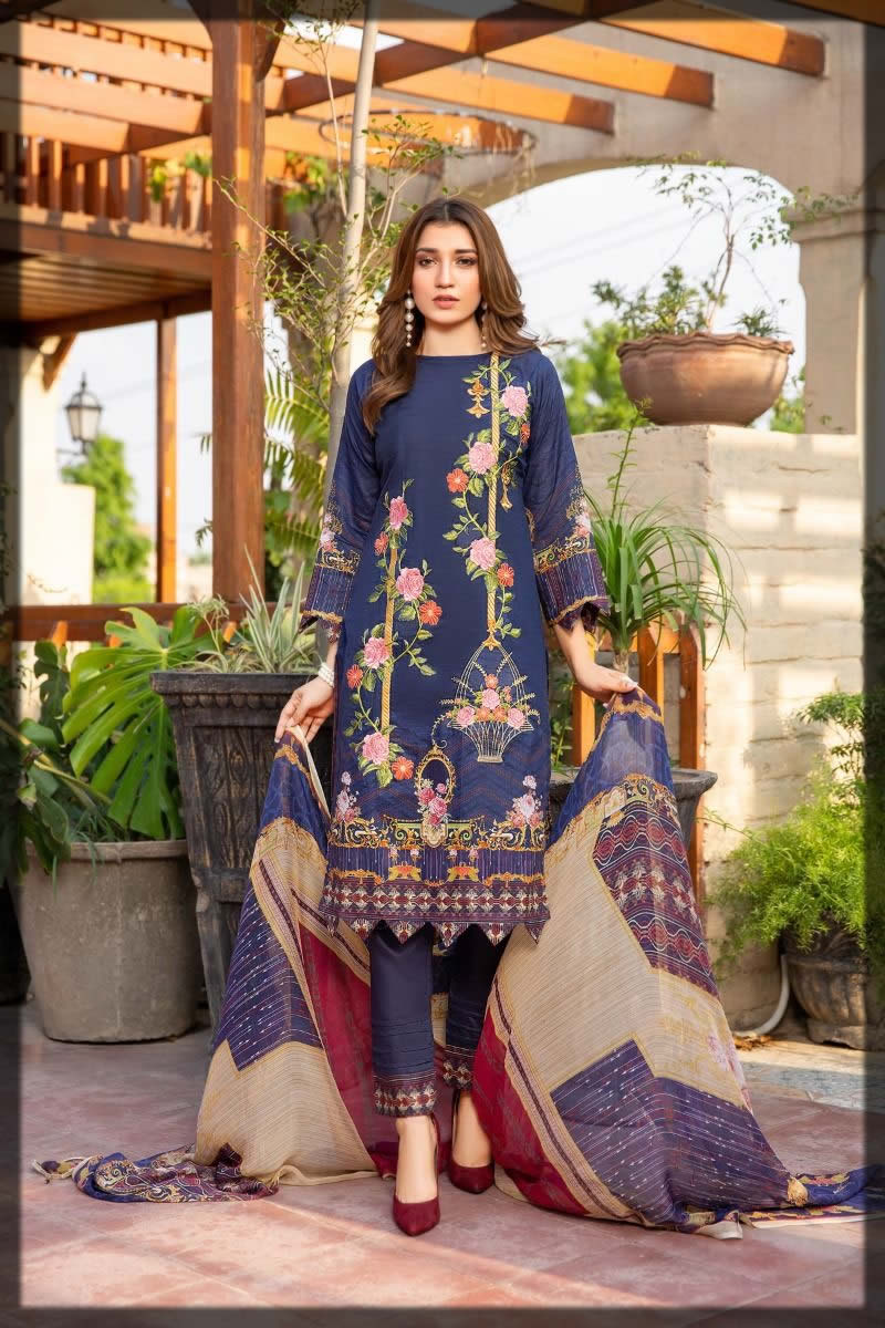 Blue embroidered fancy lawn suit