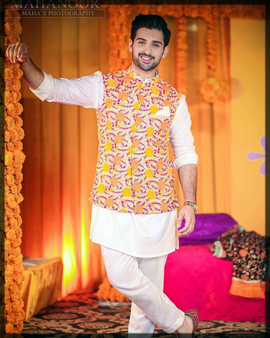 white shalwar kameez with printed waistcoat