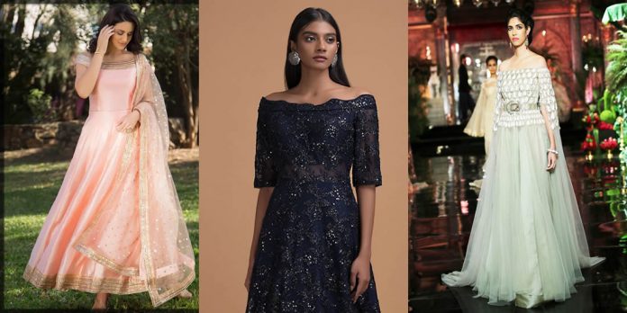 off-shoulder-grey-reception-dress-for-indian-bride | WedAbout