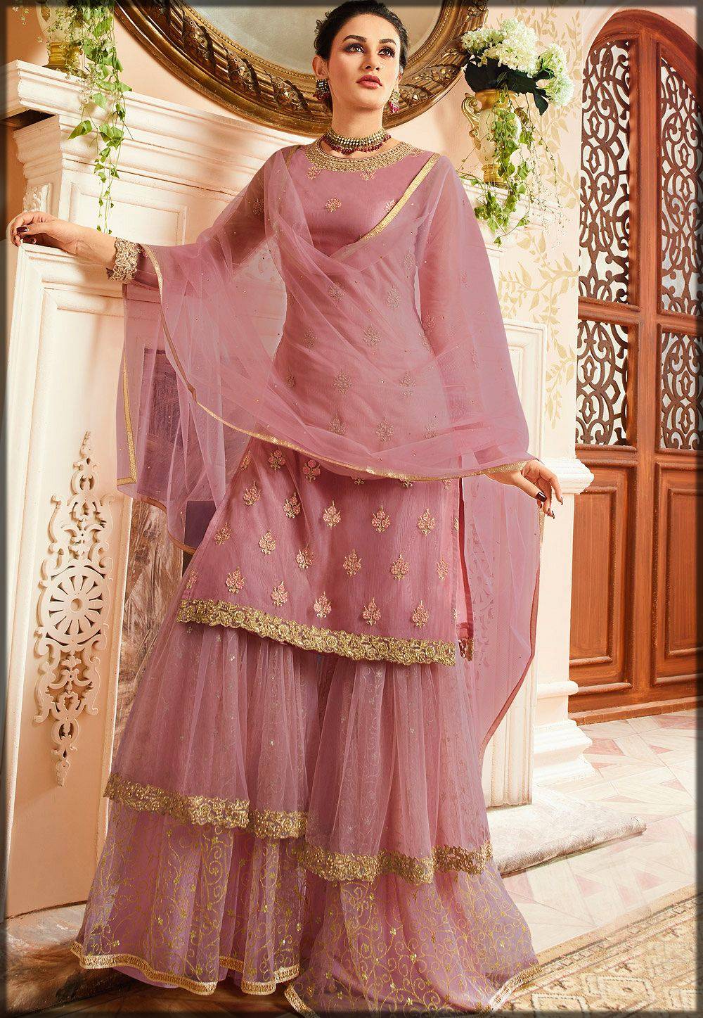 double layered sharara suit in pink - net