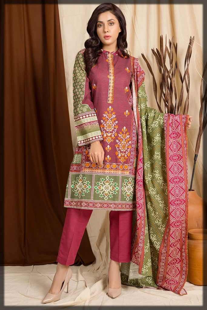 beautiful pink three-piece khaddar pret dress