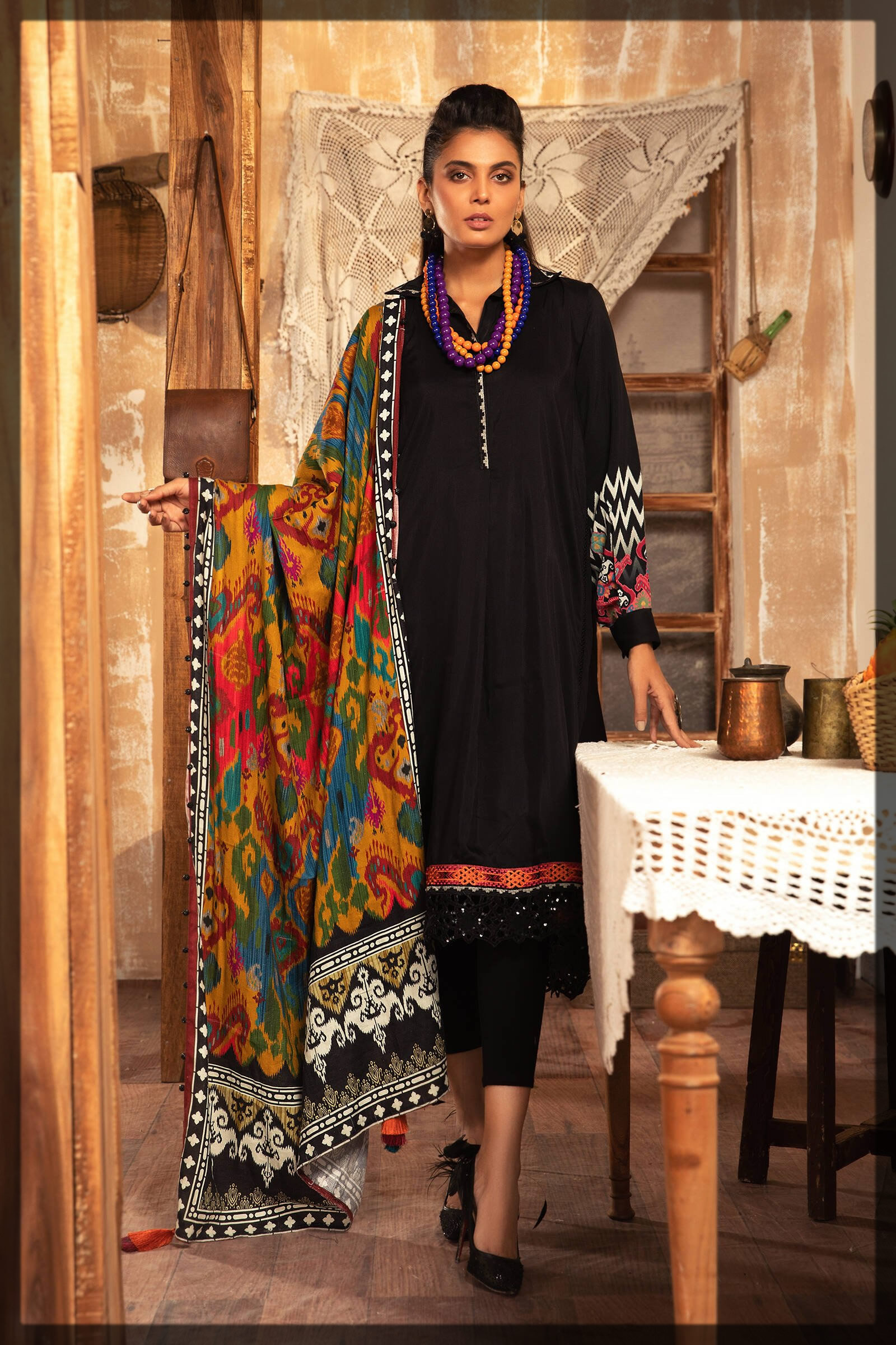 black khaddar dress with shawl