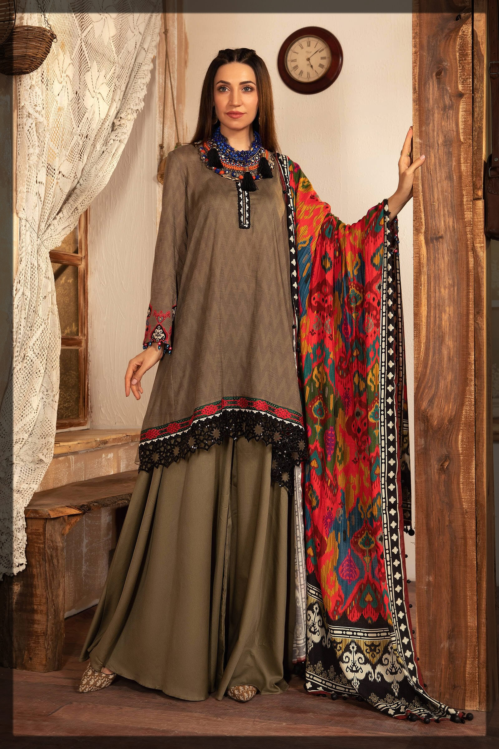 light brown khaddar dress with shawl