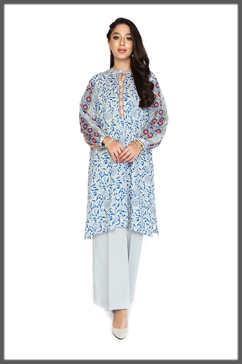 blue printed khaddar dress