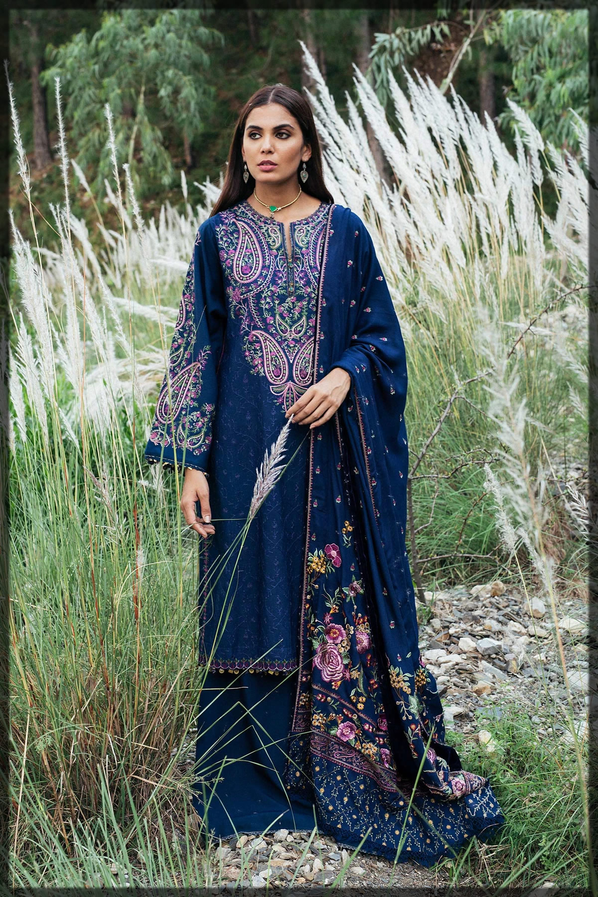 graceful blue embroidered winter dress