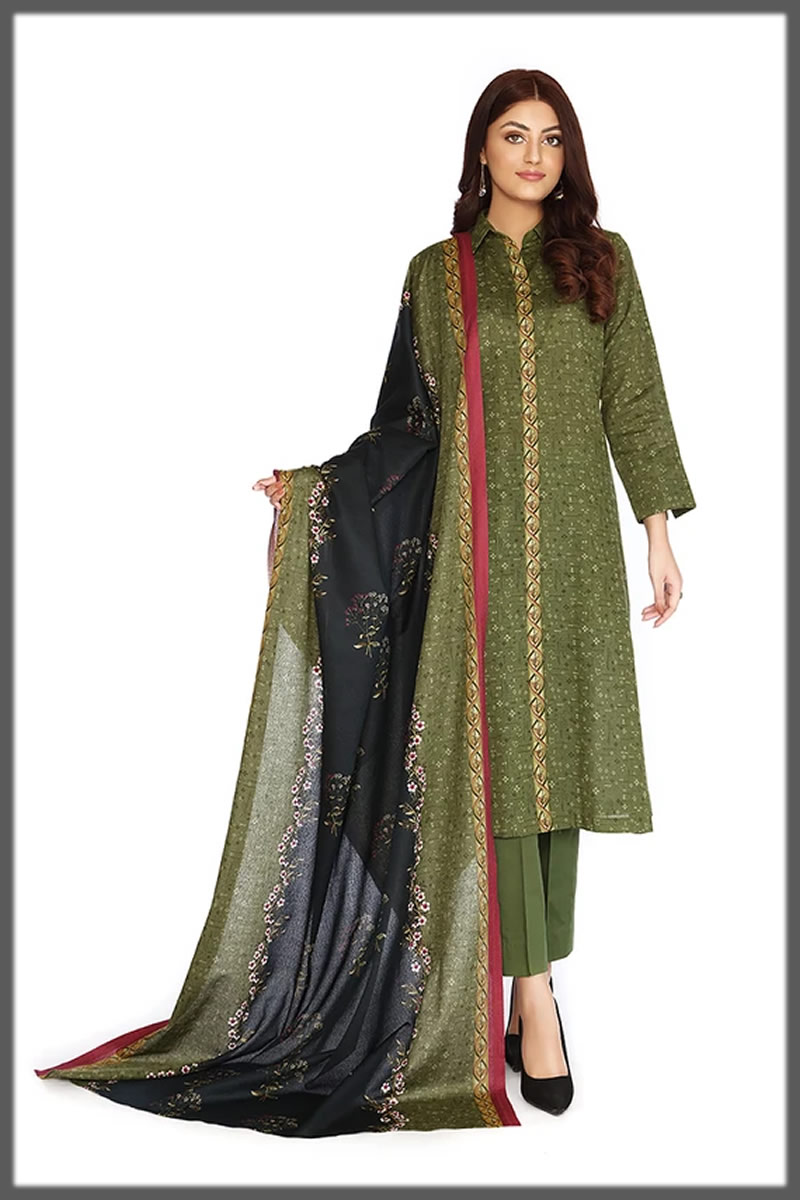 green printed khaddar dress