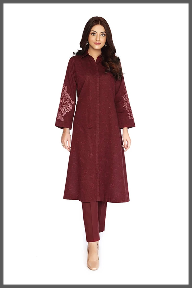 maroon embroidered khaddar dress
