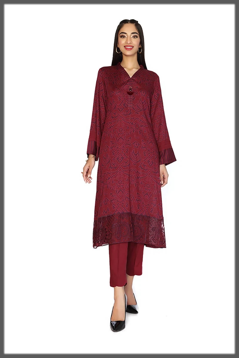 maroon embroidered linen dress
