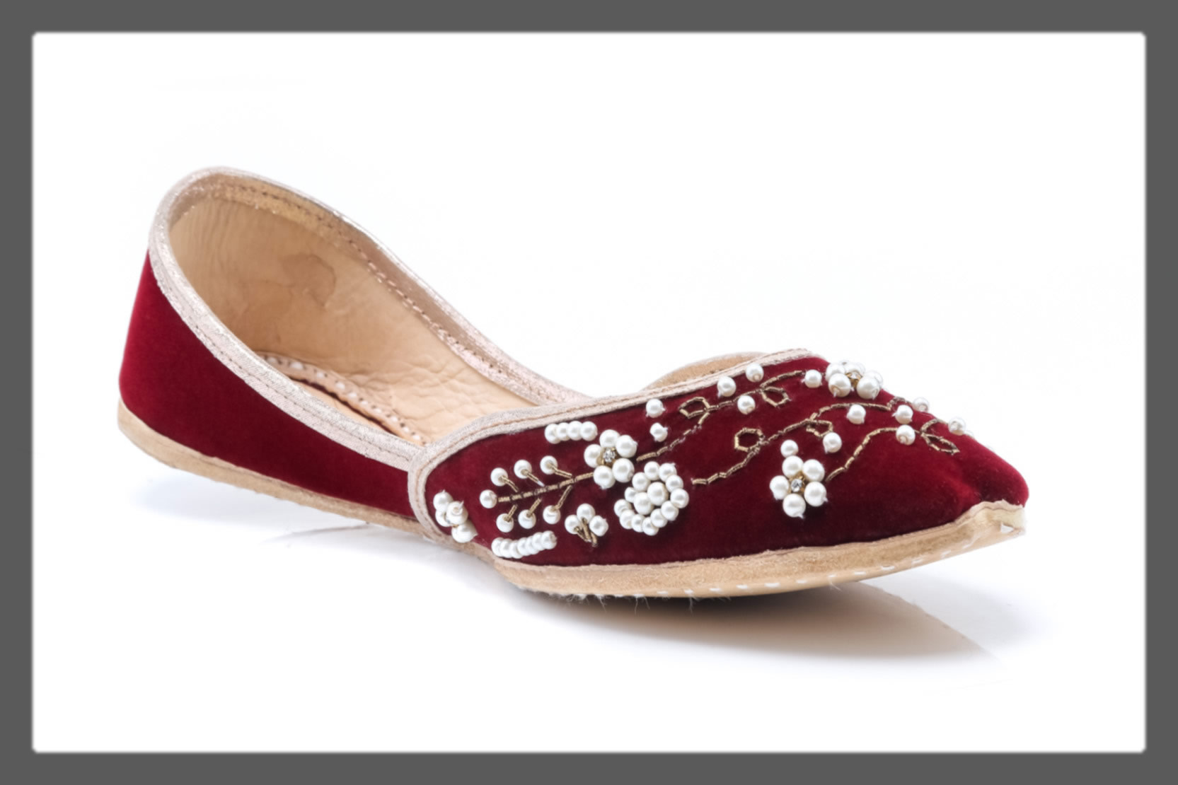 maroon khussa with white pearls