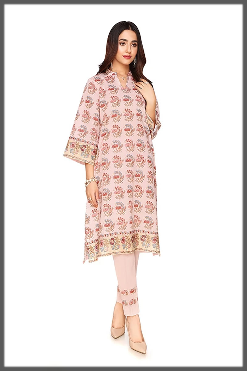 pink printed khaddar dress