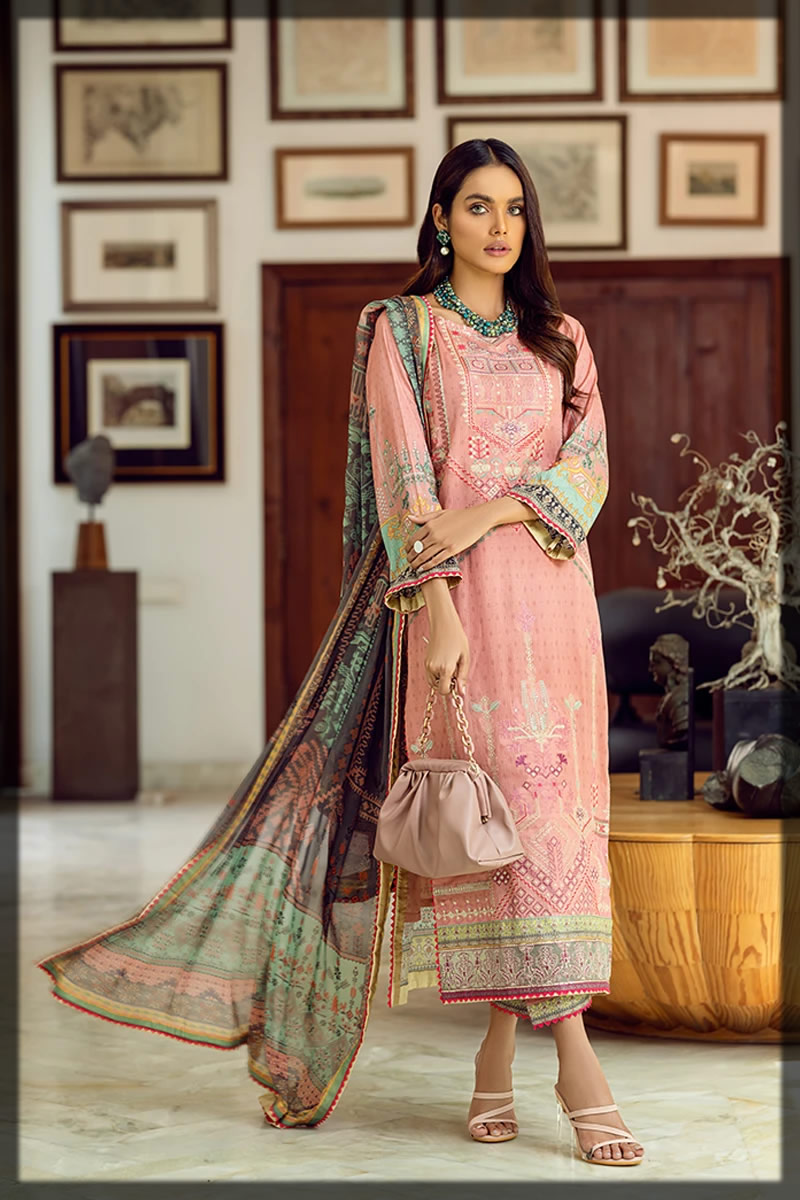 coral pink embroidered lawn suit