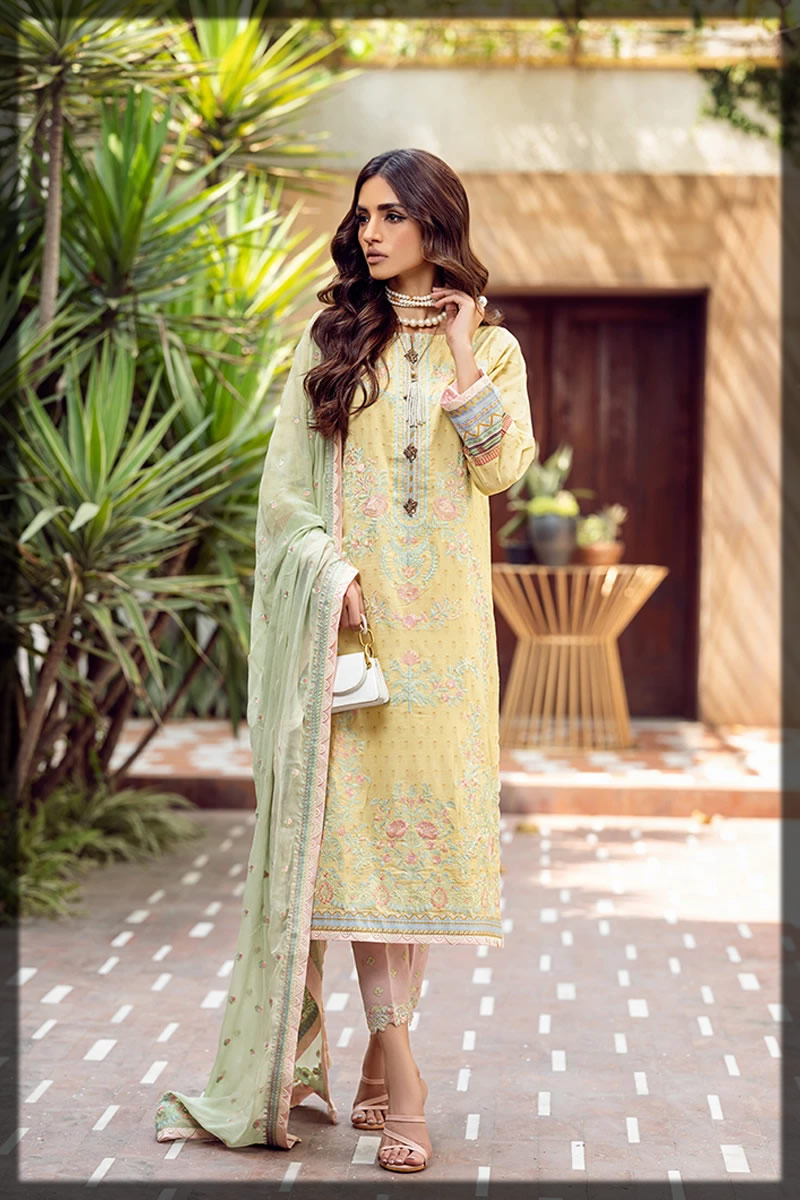 lime yellow embroidered dobby lawn suit