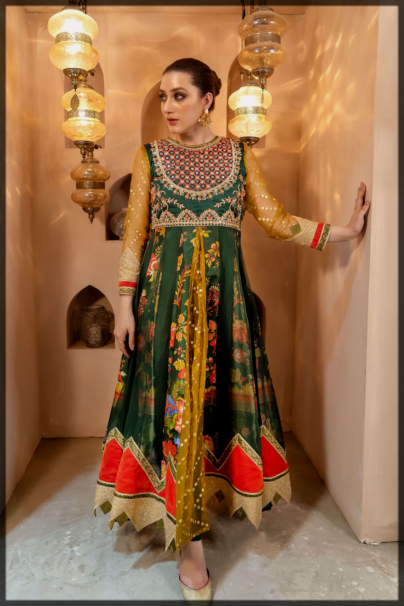 green and golden zahra ahmed party wear