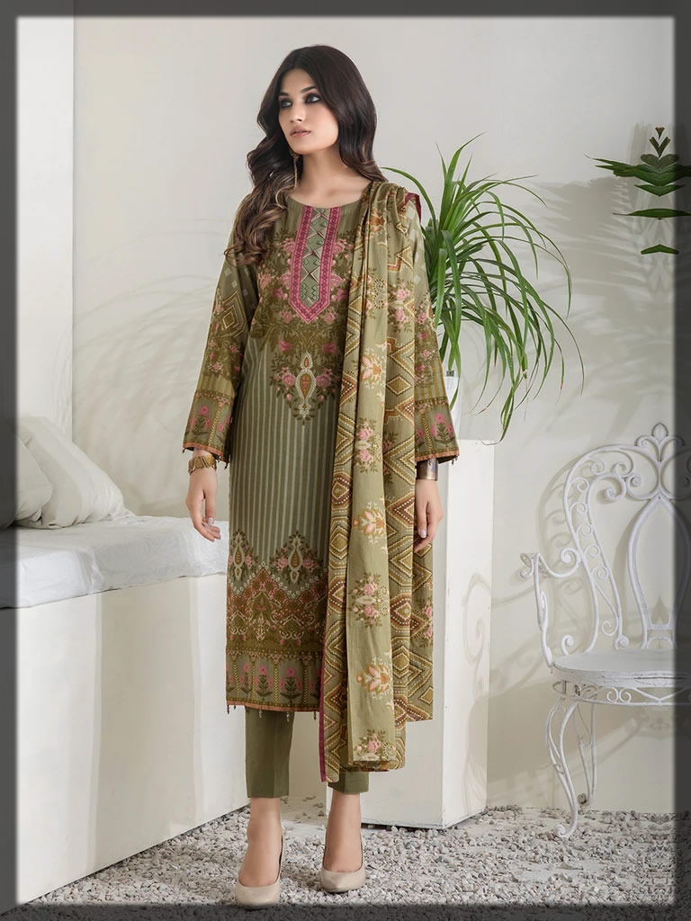 olive green printed lawn suit