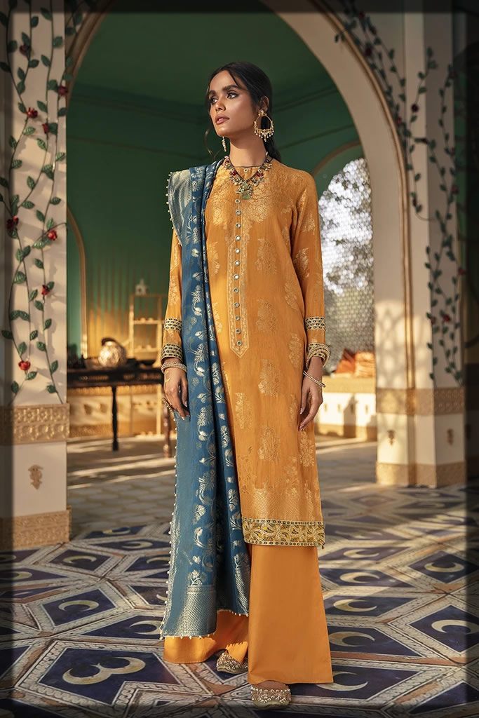 mustard embroidered lawn suit