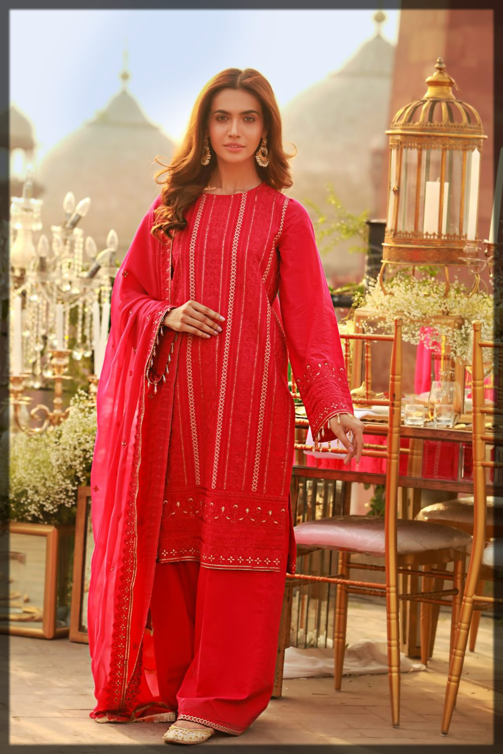 shocking pink embroidered lawn suit