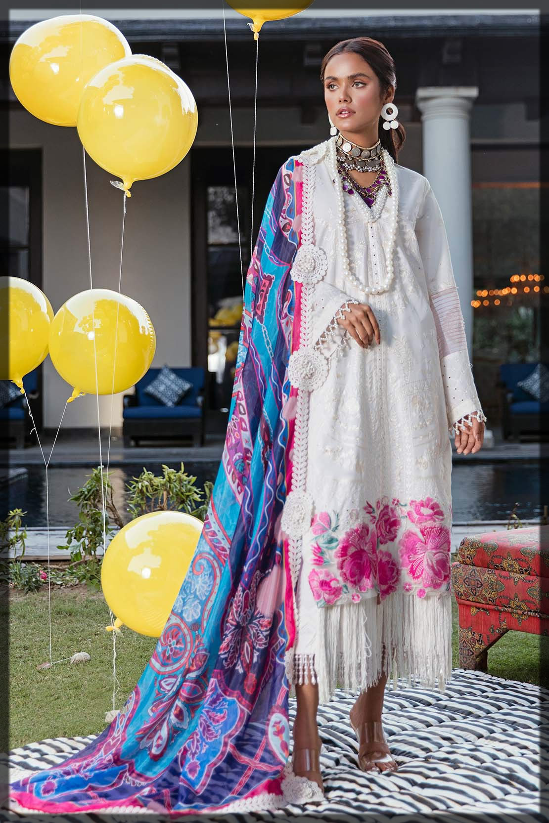 white embroidered festive lawn dress