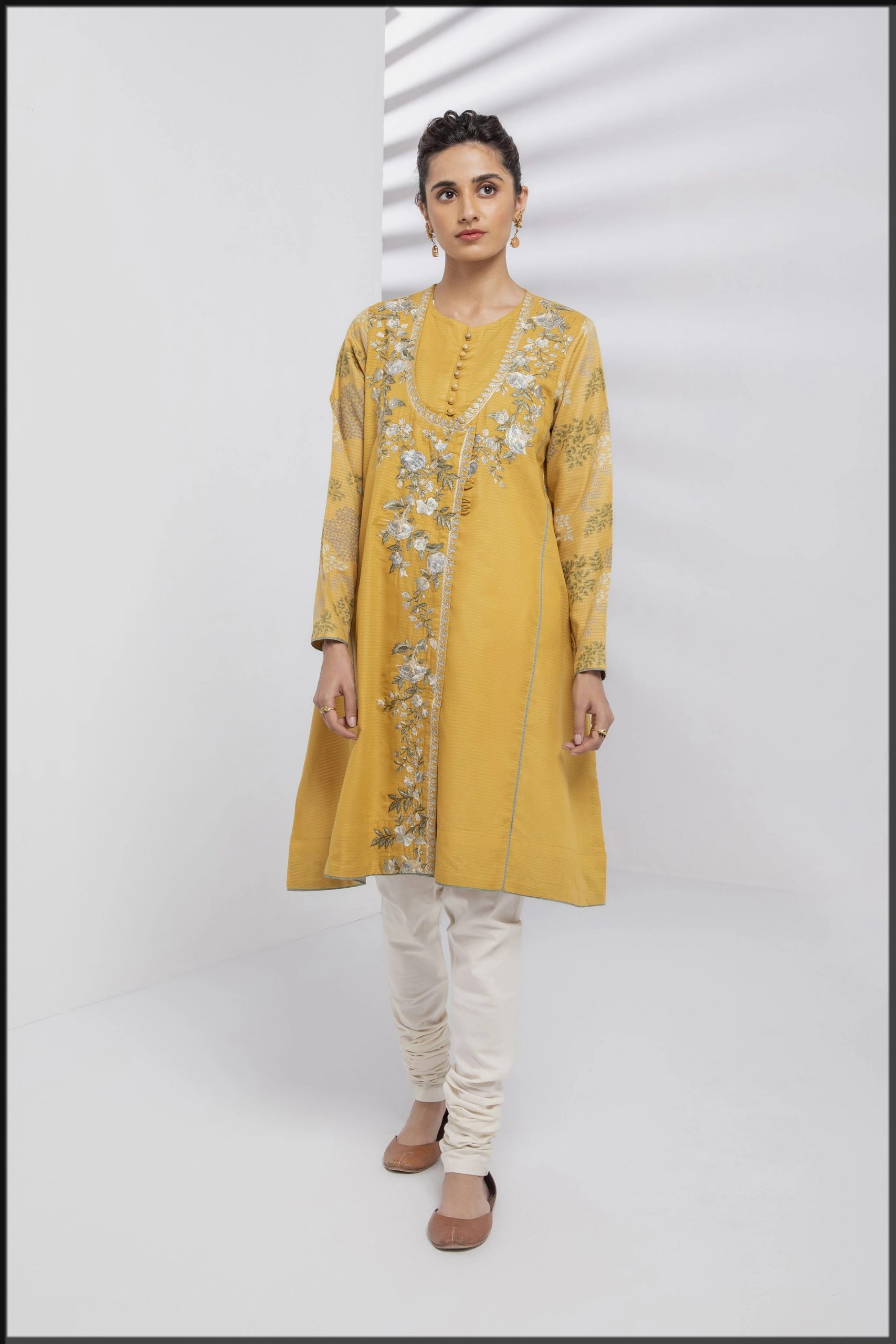 yellow angrakha style kurta for women