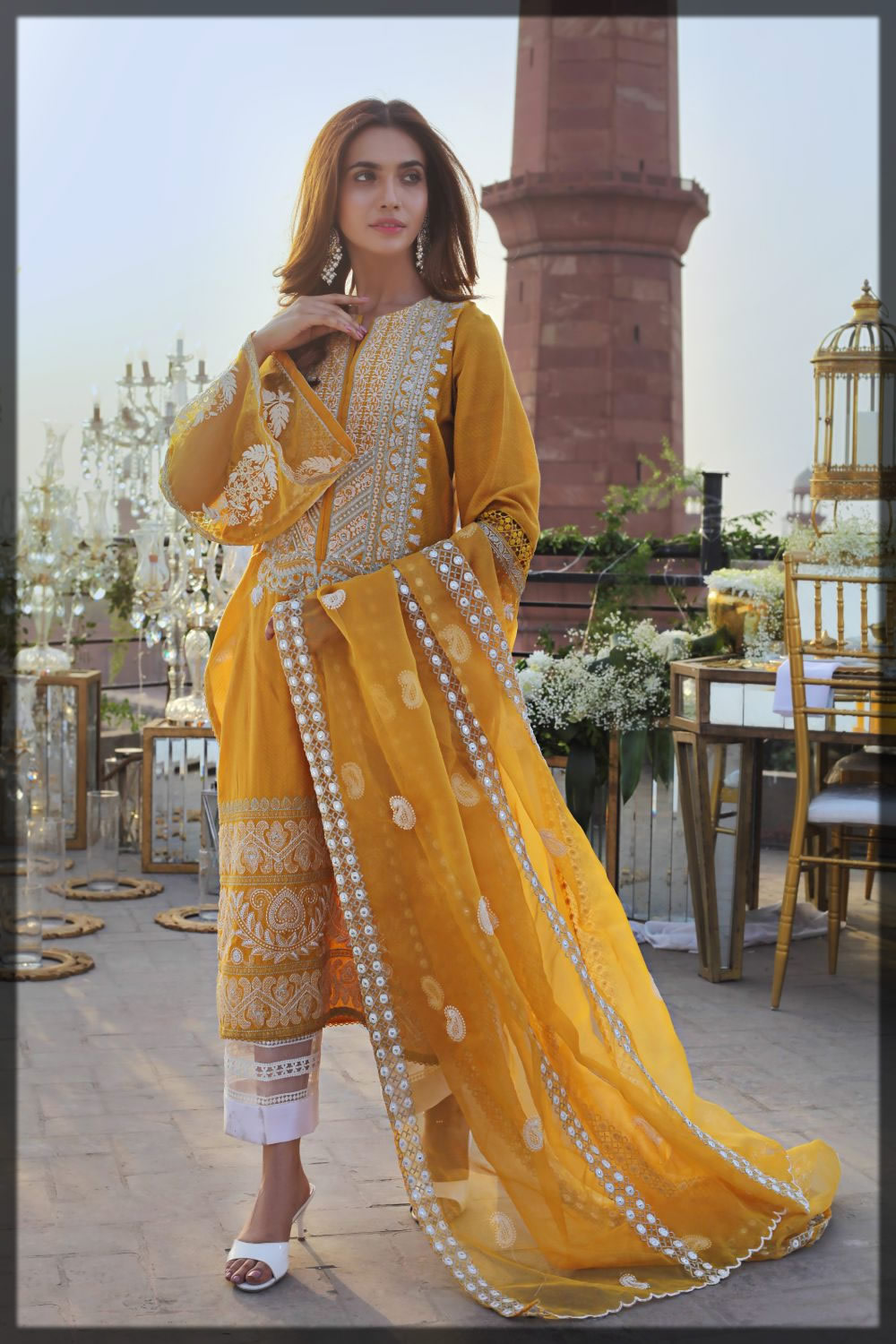 yellow embroidered jacquard dress